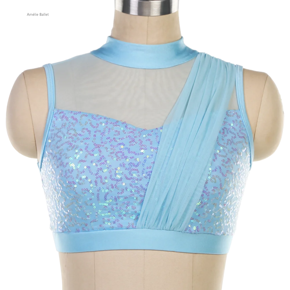 25028 Vestido de ballet con corpiño de LICRA cuadrado 2 en uno azul cielo, trajes de ballet y danza lírica y contemporánea para niñas adultas