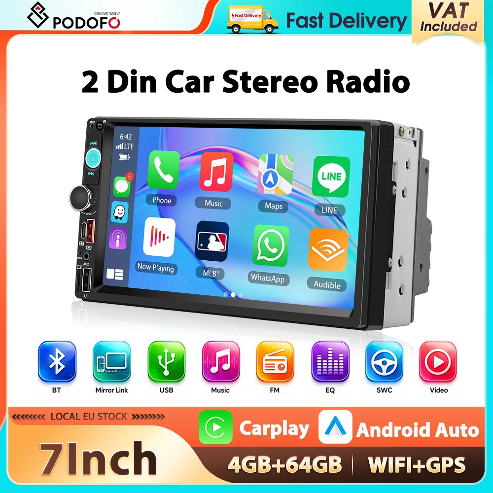 Podofo 4+64G 7'' Uniwersalne Radio Samochodowe z Ekranem Dotykowym IPS, Odtwarzacz Multimedialny, WIFI, GPS, Carplay, Android Auto, BT, FM/RDS, Mirror Link, EQ, USB, Audio Samochodowe