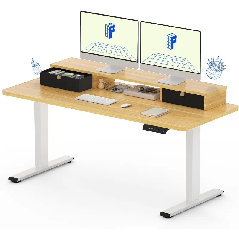 Electric Standing Desk with Drawer, Solid One-Piece Adjustable Height Desk with Storage Shelf, Ergonomic Monitor Stand