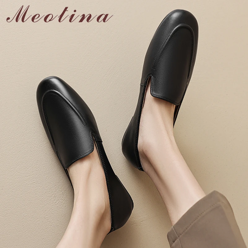 

Meotina Women Genuine Leather Loafers Round Toe Flats Concise Ladies Fashion Casual Shoes Spring Autumn Black Beige Brown 40