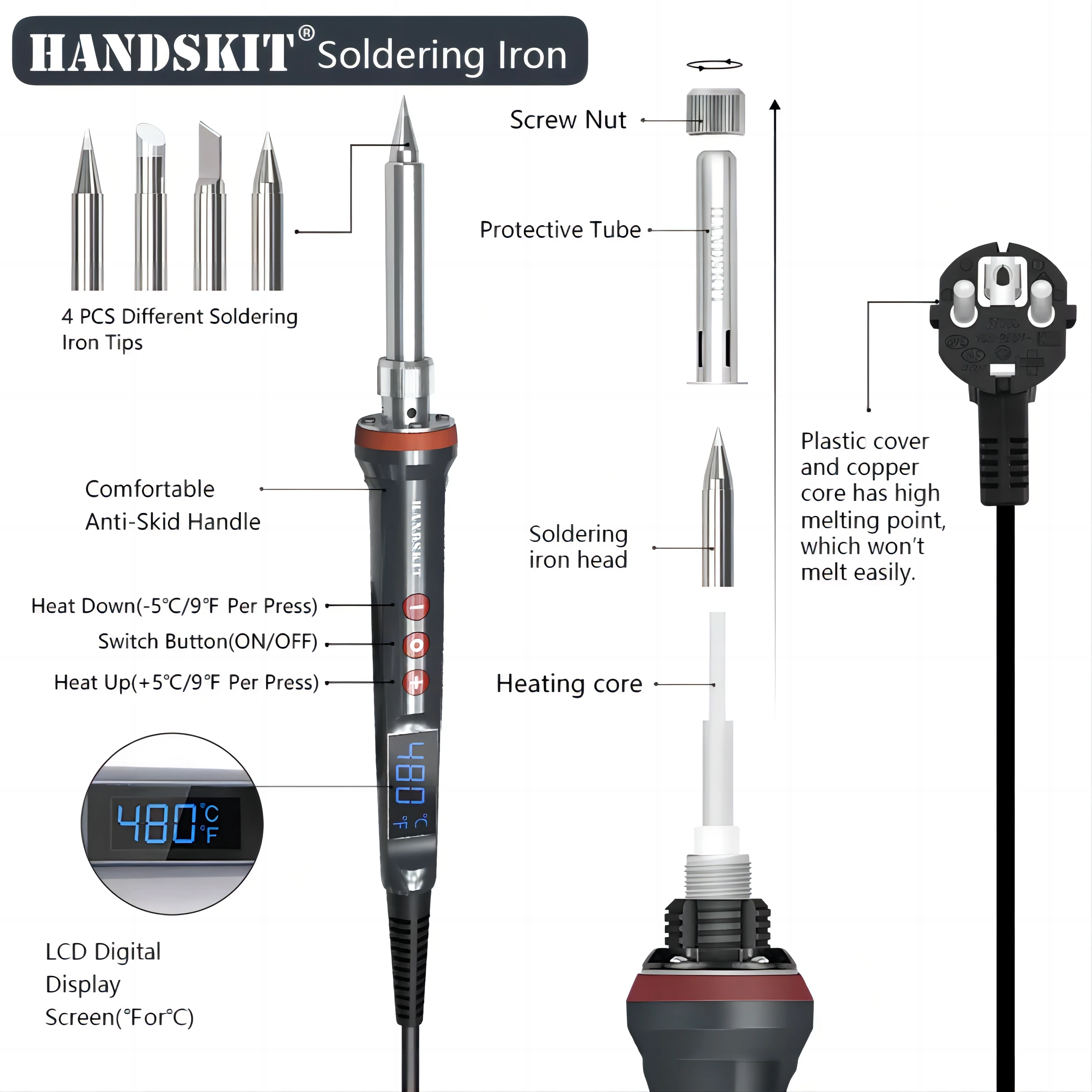 200W LCD Display Soldering Iron Digital Temperature Adjustment Internal Ceramic Heating Auto Sleep Electronic Soldering Tool