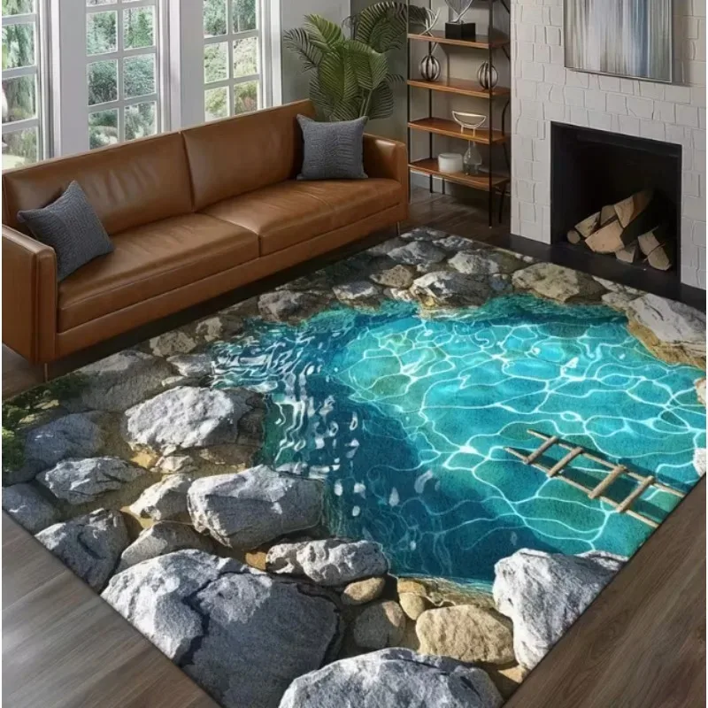 3D Optical Illusion Clear Water Pool and Rock Carpet Suitable for Bedroom Living Room Carpet Bathroom Floor Mat Home Decoration