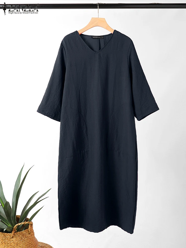 

ZANZEA 3/4 Sleeve Women Long Vestidos V Neck Casual Minimalist 2024 Summer Midi Dress Solid Color Leisure Daily Loose Sundress