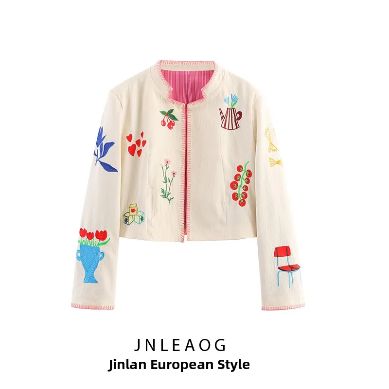 

JNLEAOG Autumn New Women's Embroidered Jaet Commute Sle Loose Polyester Long Sve round Ne No Button Ladies Coat