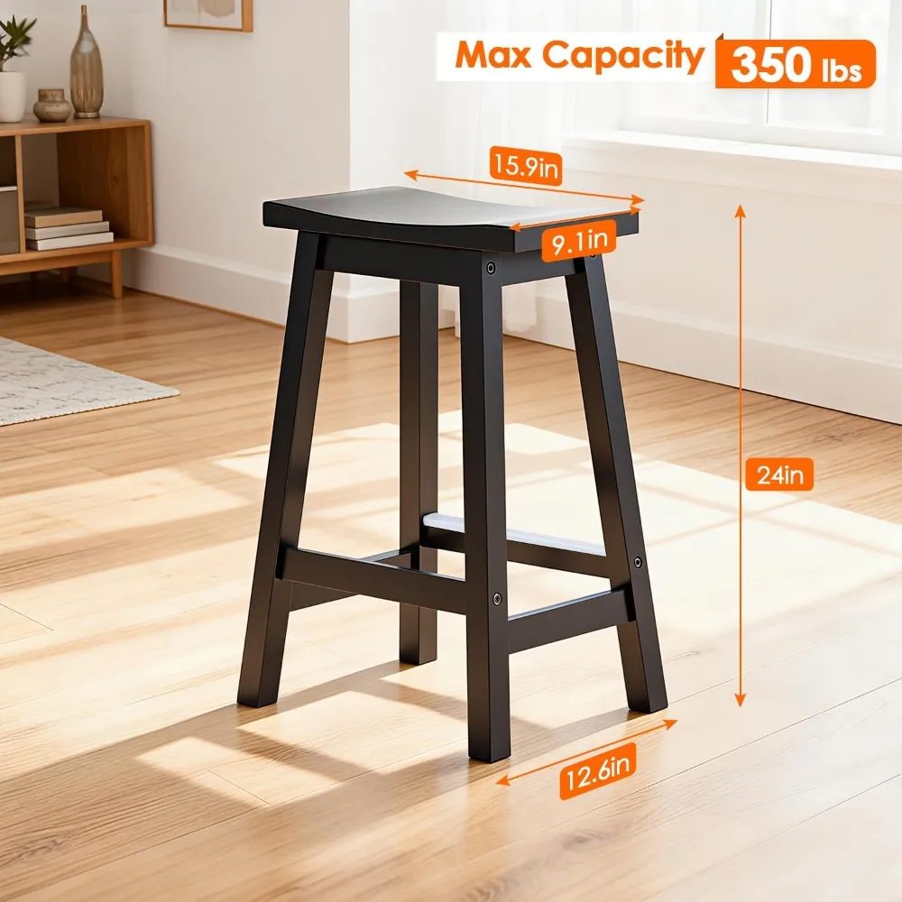 工業用木製サドルスツール 2個セット、高さ24インチ、フットレスト付き、キッチン、バー、レストラン、家庭用ダイニング用