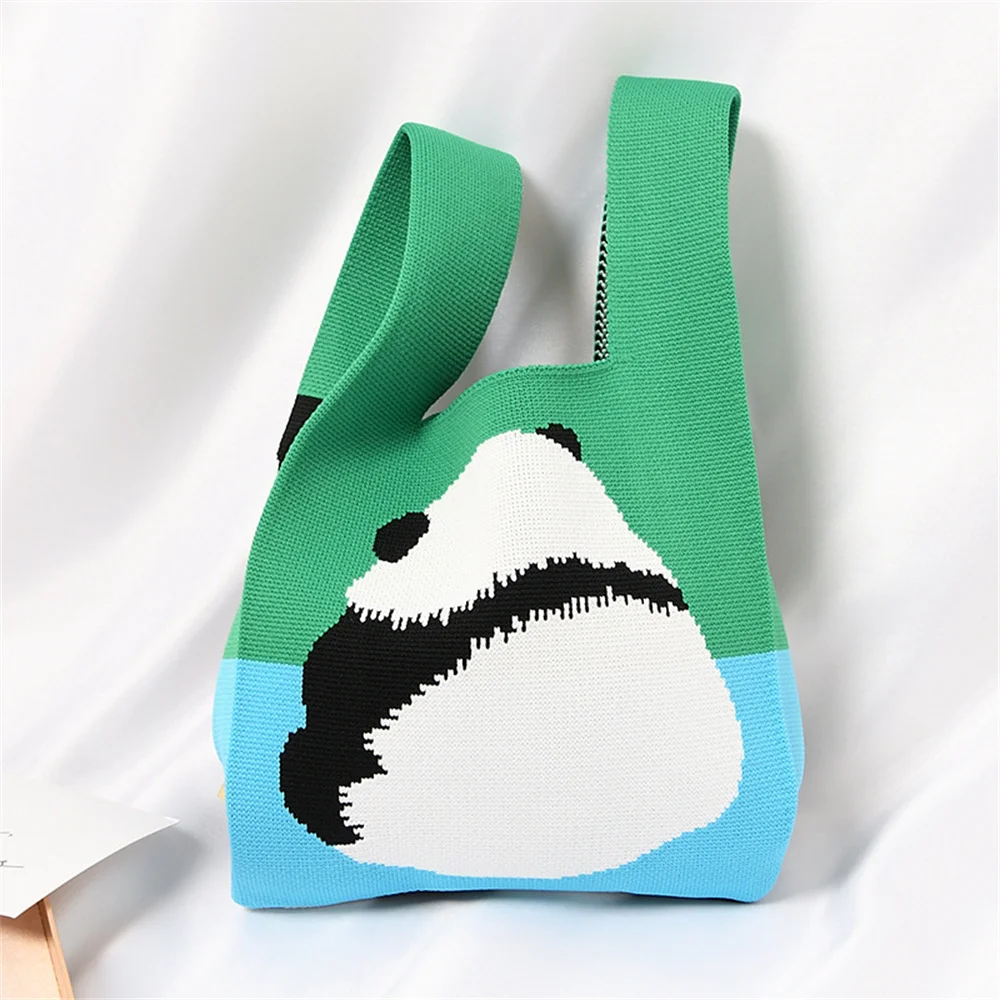 Summer Knitted Bag Women Leisure Wrist Bag Cute Colorful Carrot Panda Cat Print Handbag Student Tote Bag Lightweight Purse