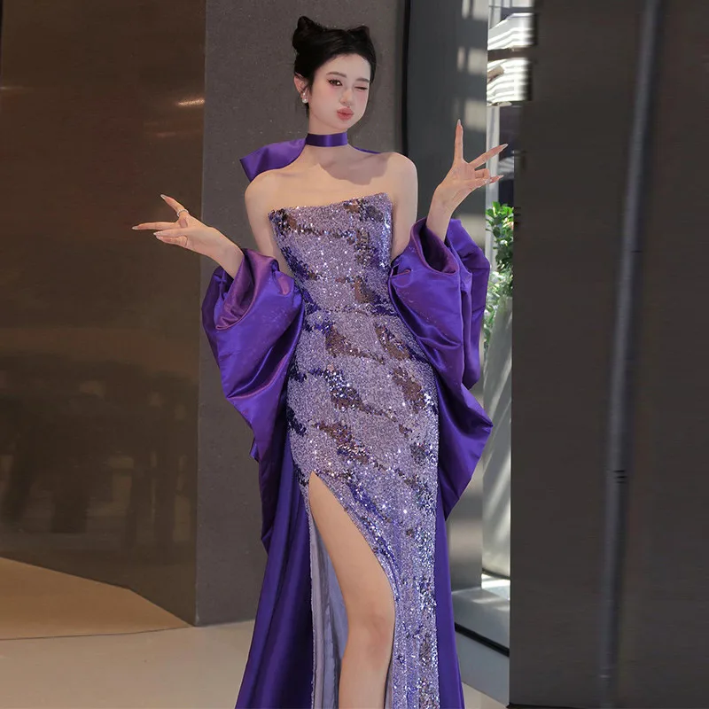 

Ele Фиолетовое вечернее платье Wedding Dr Long Sve ort Dr Fi Tail Dr Host Birthday Party Bridal Toast Dr