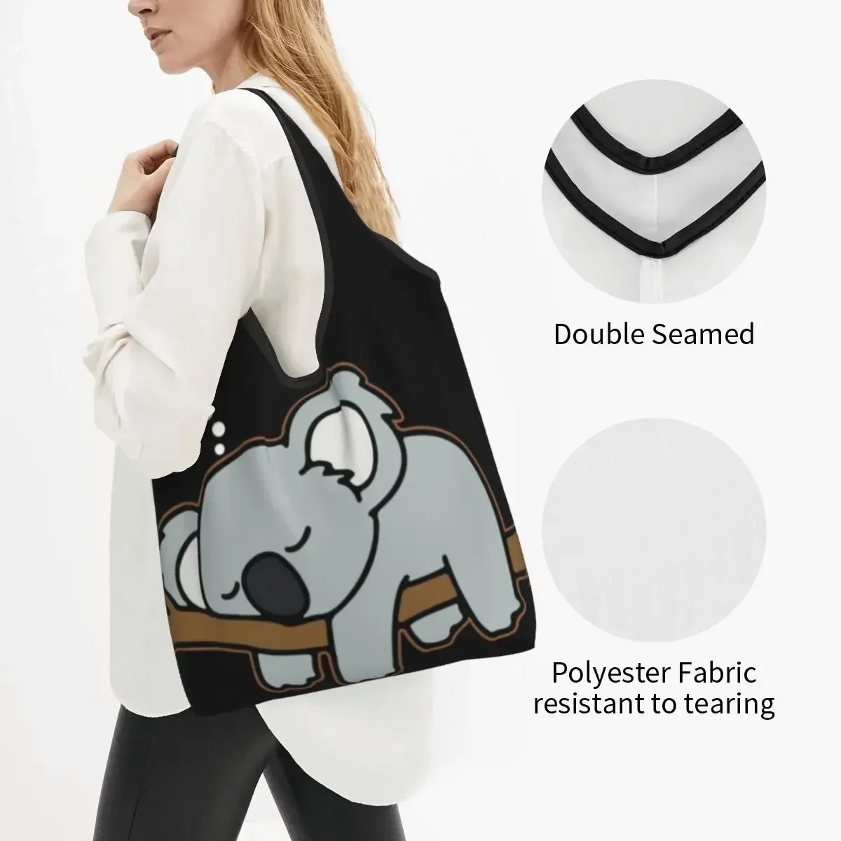 Funny Printed Cute Lazy Koala Bear Napping Tote Shopping Bag Portable Shopper Shoulder Zoo Animal Handbag