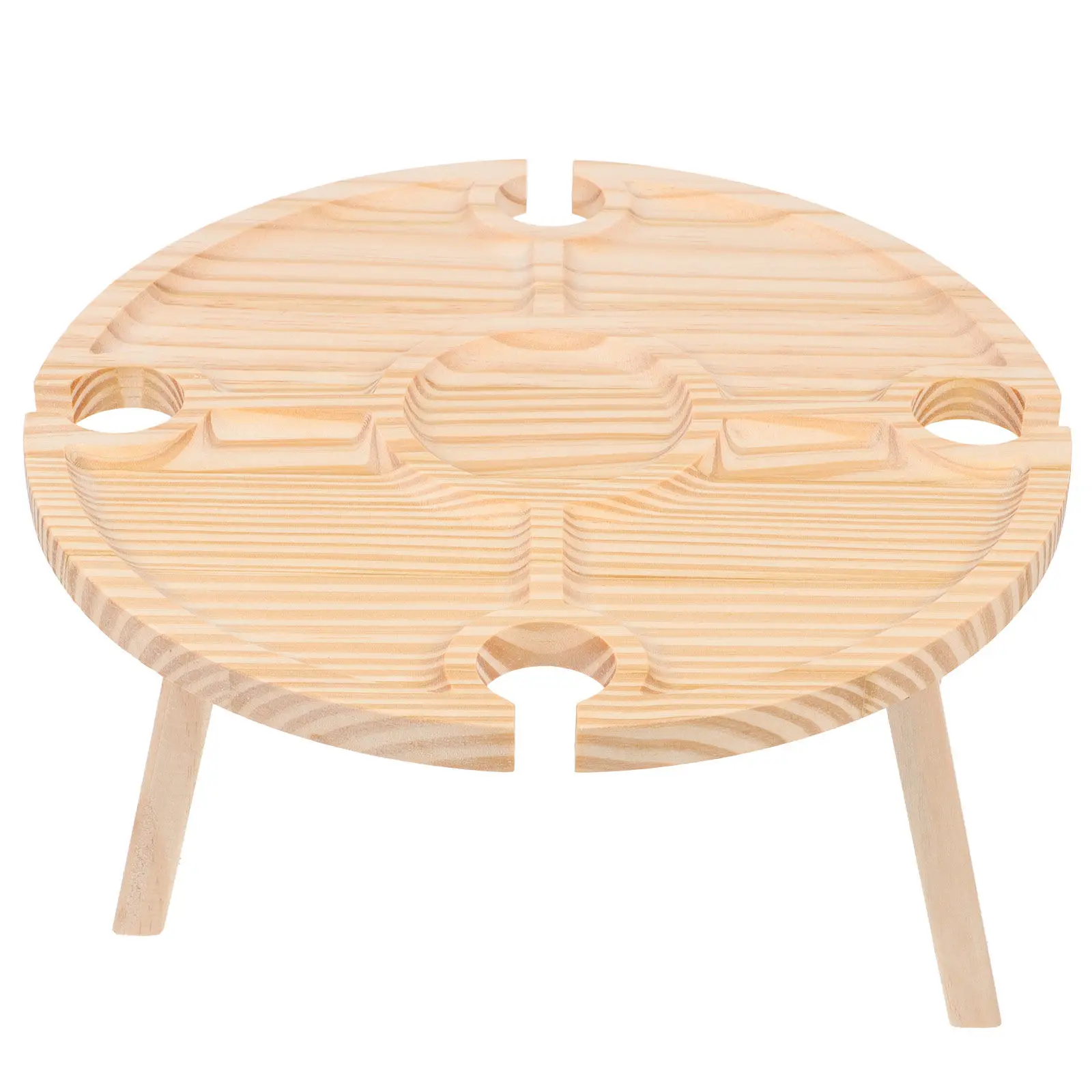 1Pcs Portable Round Wooden Picnic Table for Outdoor Snacks Wine Glasses Storage Compact Lightweight Stable Legs Grass Sand Use