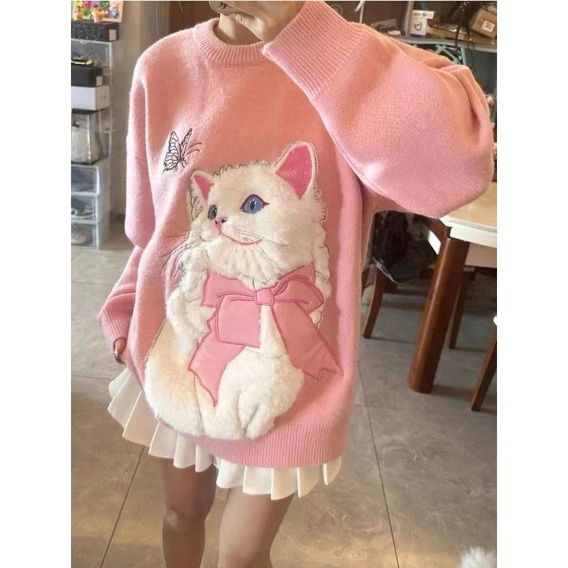 Autumn Winter Sweater Femme 2024 New Lively Cute Top Tee Korean Sweet Cartoon Pattern O-neck Long Sleeve Pullovers Women Clothes