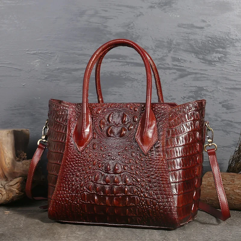 Women Oil Wax Genuine Leather Shoulder Top Handle Bag Crocodile Pattern Luxury Ladies Messenger Cowhide Cross Body Tote Handbag