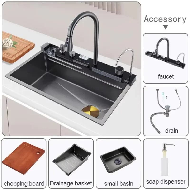 【Best-selling】Factory Direct Multifunctional Waterfall Kitchen Handmade Sink Modern Popular Smart Kitchen Stainless Steel 304 Ki