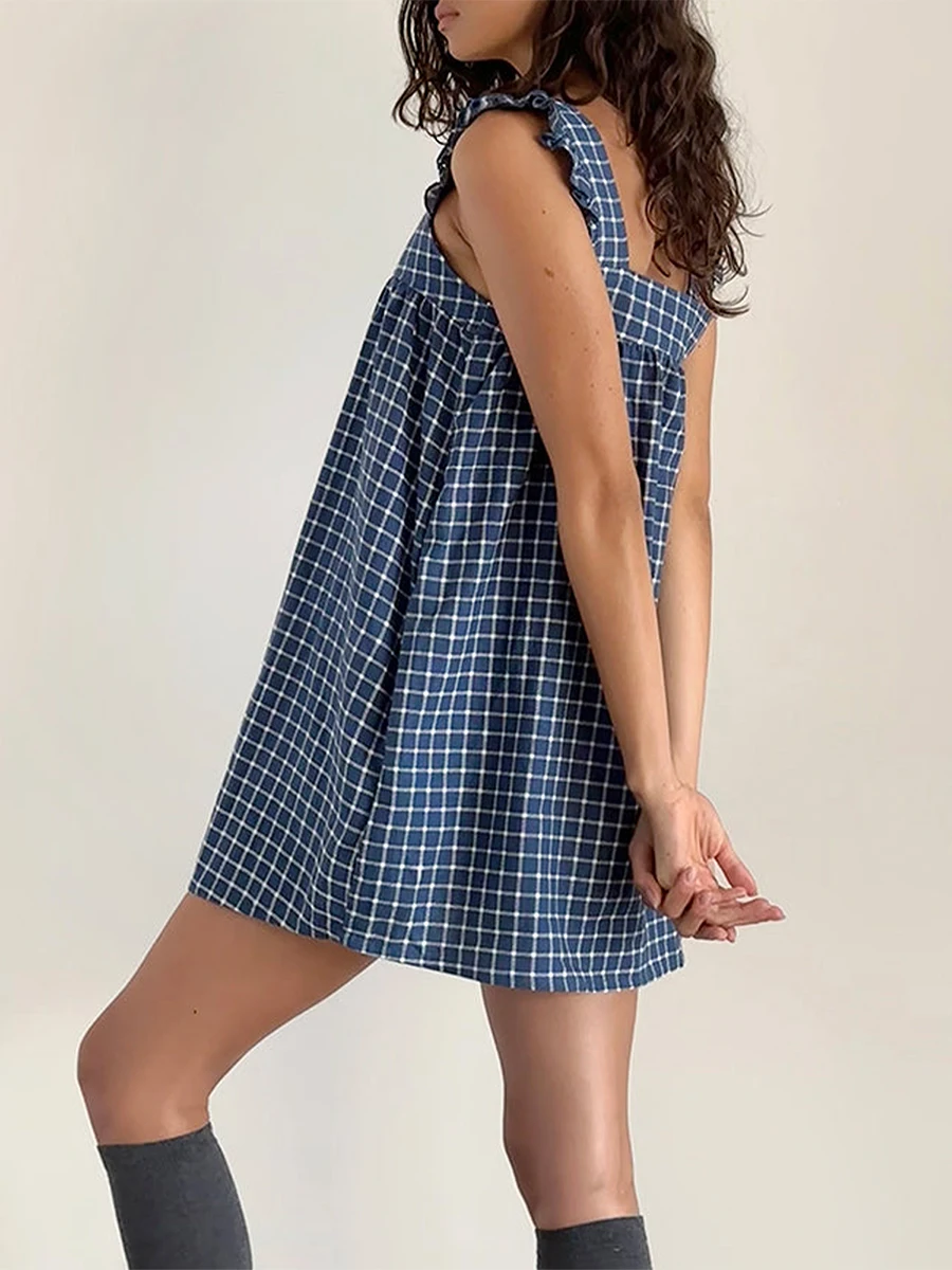 Women s Summer Mini Plaid Dress Ruffle Trim Square Neck Loose Fitting Cami Dress