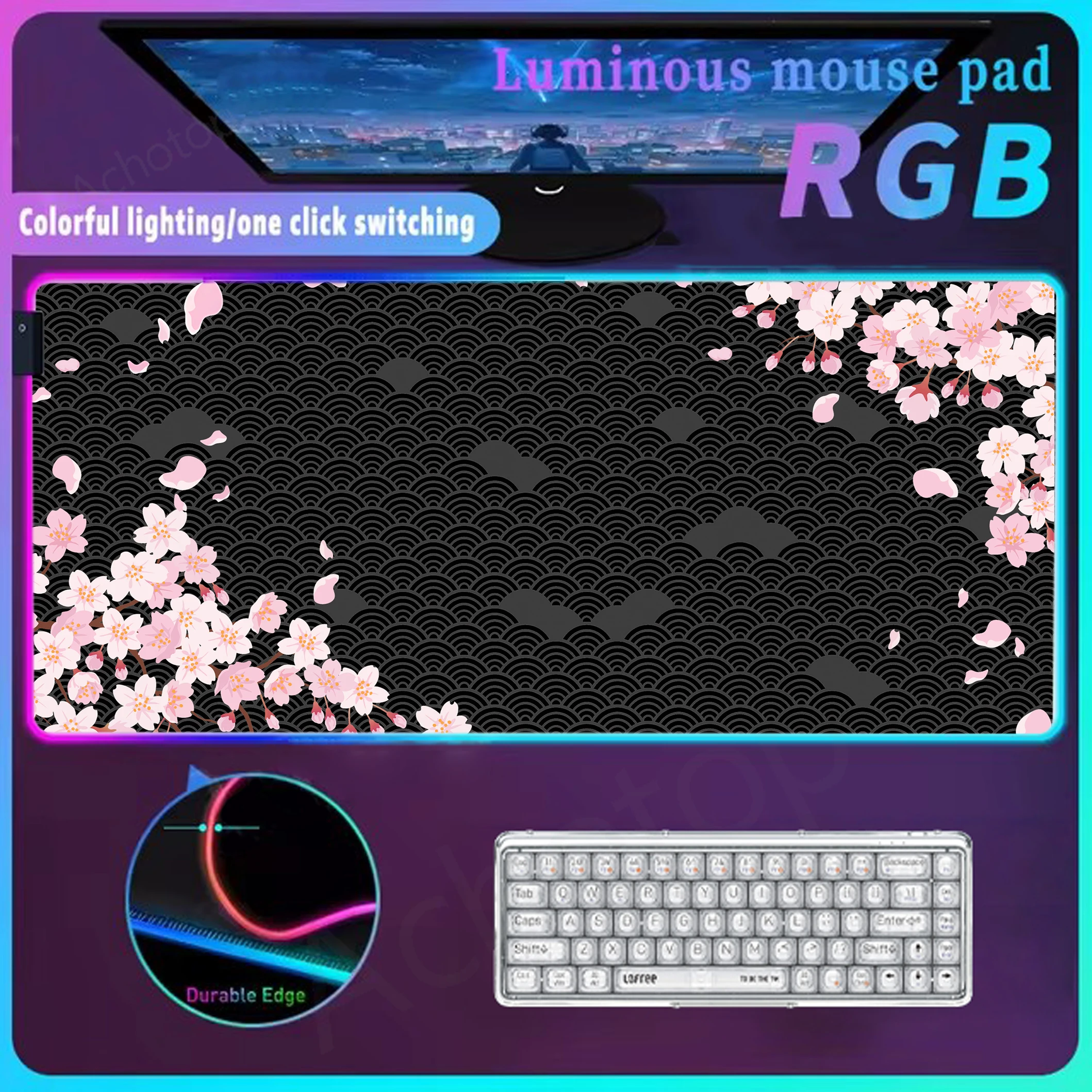 

Sakura Rgb Mouse Pad Gamer Led Mousepad Locking Edge Mouse Mat Setup Gaming Accessories Keyboard Pads Glow Personality Table Mat