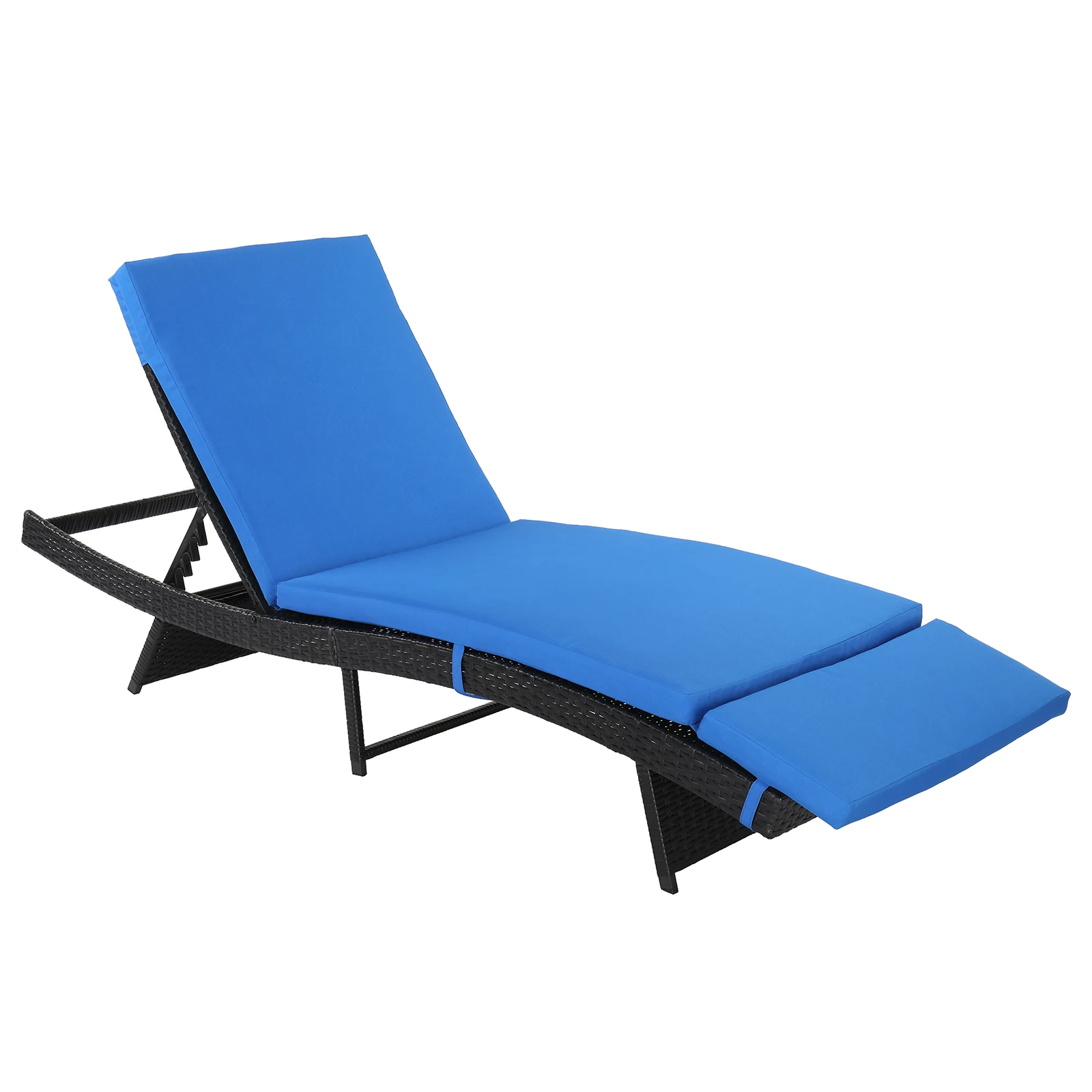 

193*68*33cm S Shape Iron Frame Black Embossed Blue Cushion Woven Rattan Bed for Patio Deck Garden, Backyard Furniture