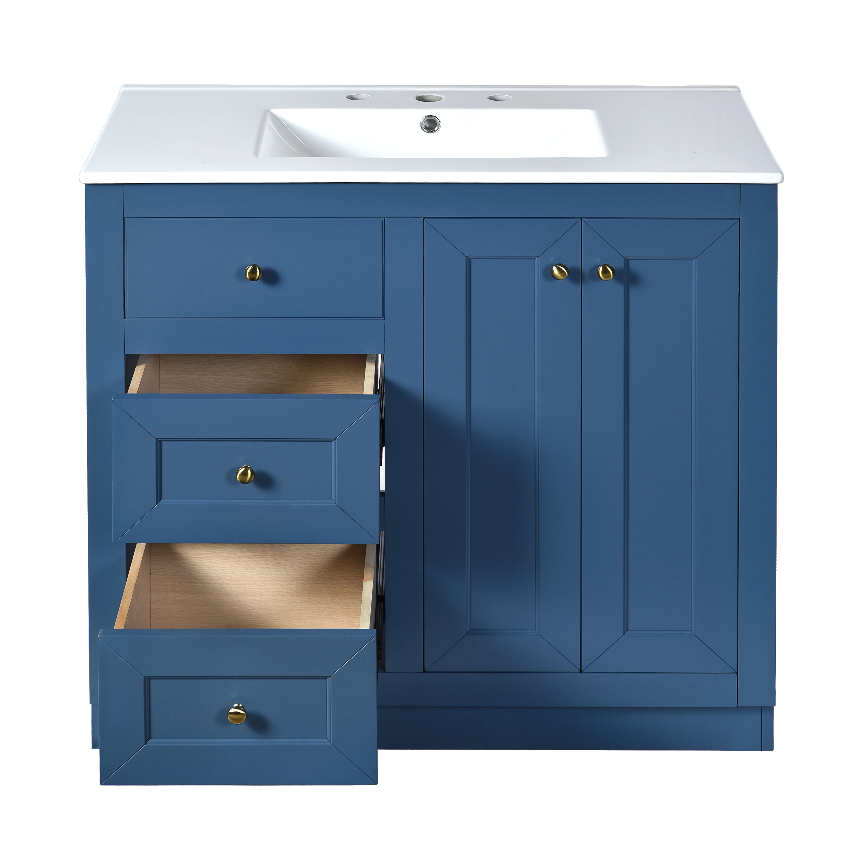 

36-Inch Space-Saving For Bathroom Vanity With 2 Drawers & Shelf Durable Blue Wood Bathroom Storage Cabinet & Ceramic Sink