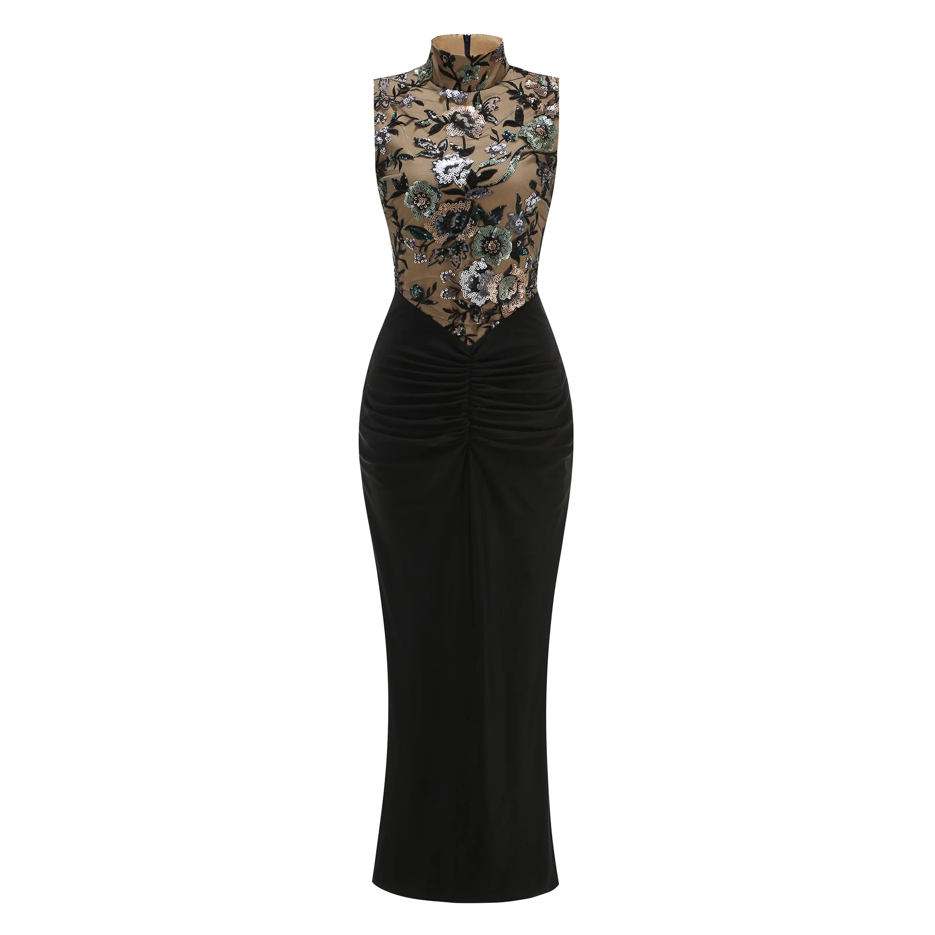 Czarna Sukienka Damska Bez Rękawów, Seksowna, Dopasowana, Długa, z Dekoltem O-Neck, Haftowana, Elegancka, Wieczorowa, na Przyjęcie, Urodziny, Bal Maturalny