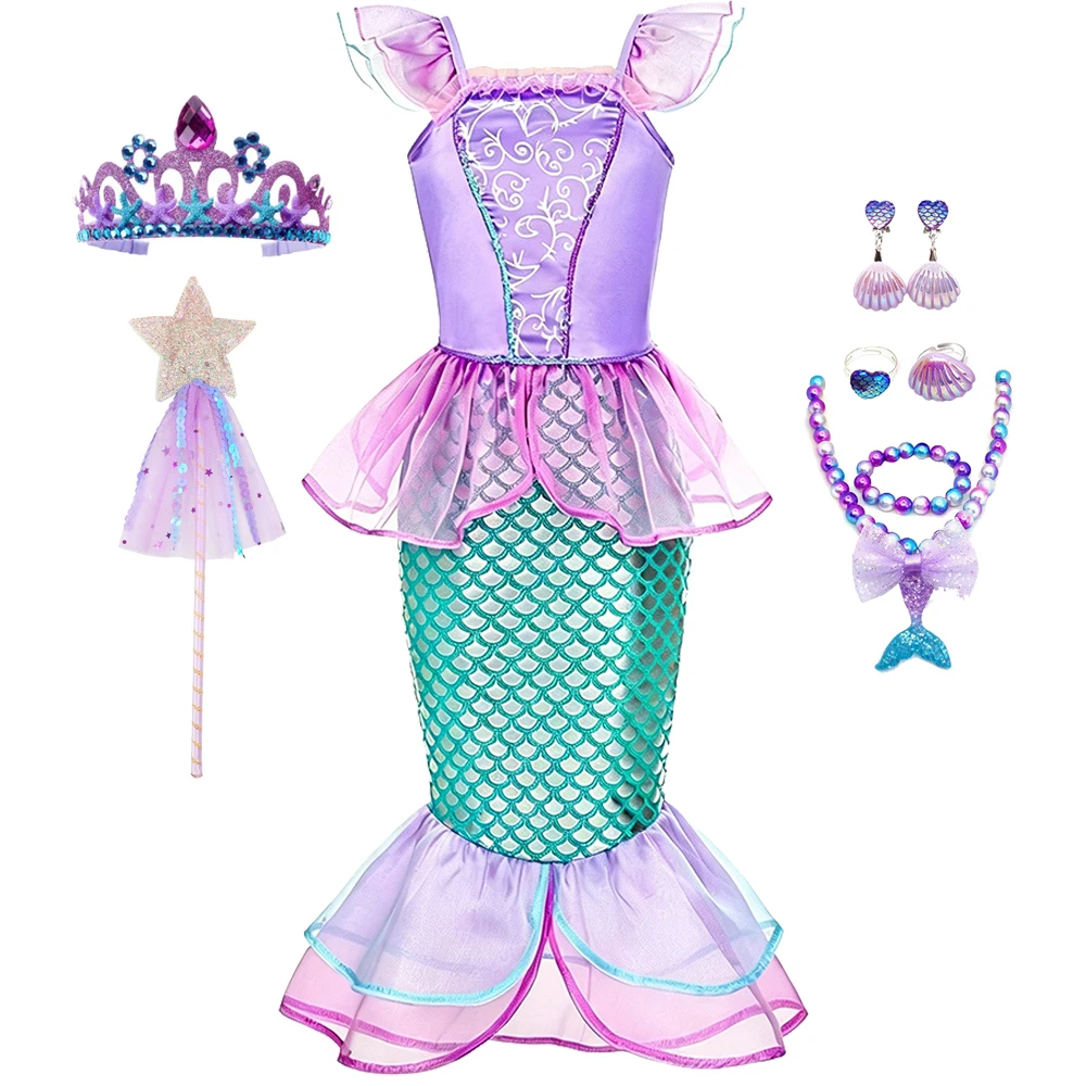 Meerjungfrauen-Sommerkleid Prinzessinnen-Kostüm mit Krone, Halskette und Zubehör-Set für Mädchen, Kinder, Karneval, Geburtstagsfeier, Abschlussball, Bühne – Detail 7