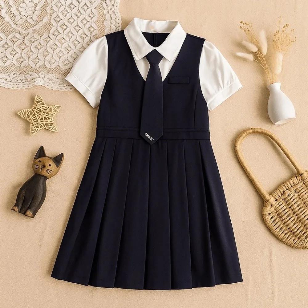 فستان مطوي للأطفال مزيف بأكمام قصيرة على طراز Preppy فساتين صيفية للفتيات تنانير للمراهقين والأطفال على شكل حرف a للعطلات