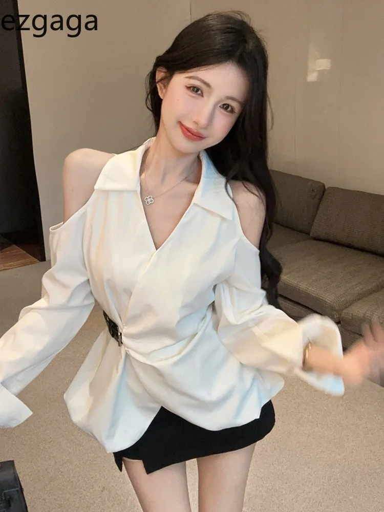 

Ezgaga Woman Shirts Vintage Sexy Belt Irregular Slim Elegant Solid Long Sleeve Off Shoulder Turn Down Collar Autumn Blouse