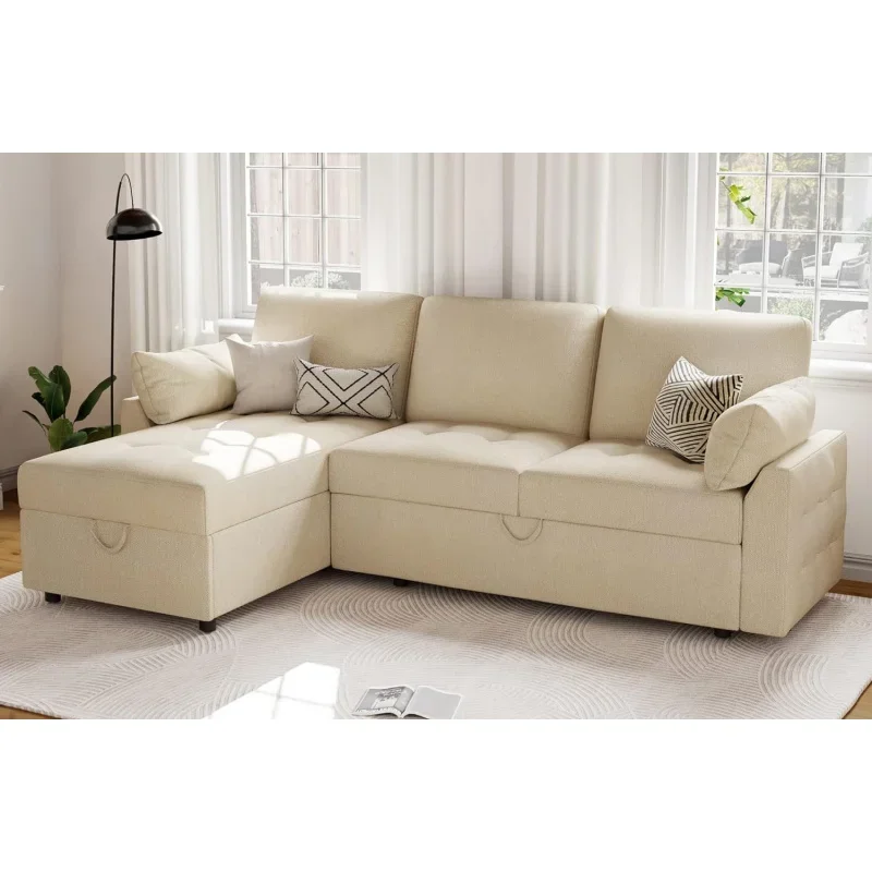 Pull Out Convertible Sofa Bed with Storage Chaise, Tufted Sleeper Sectional Couch for Living Room (Beige)