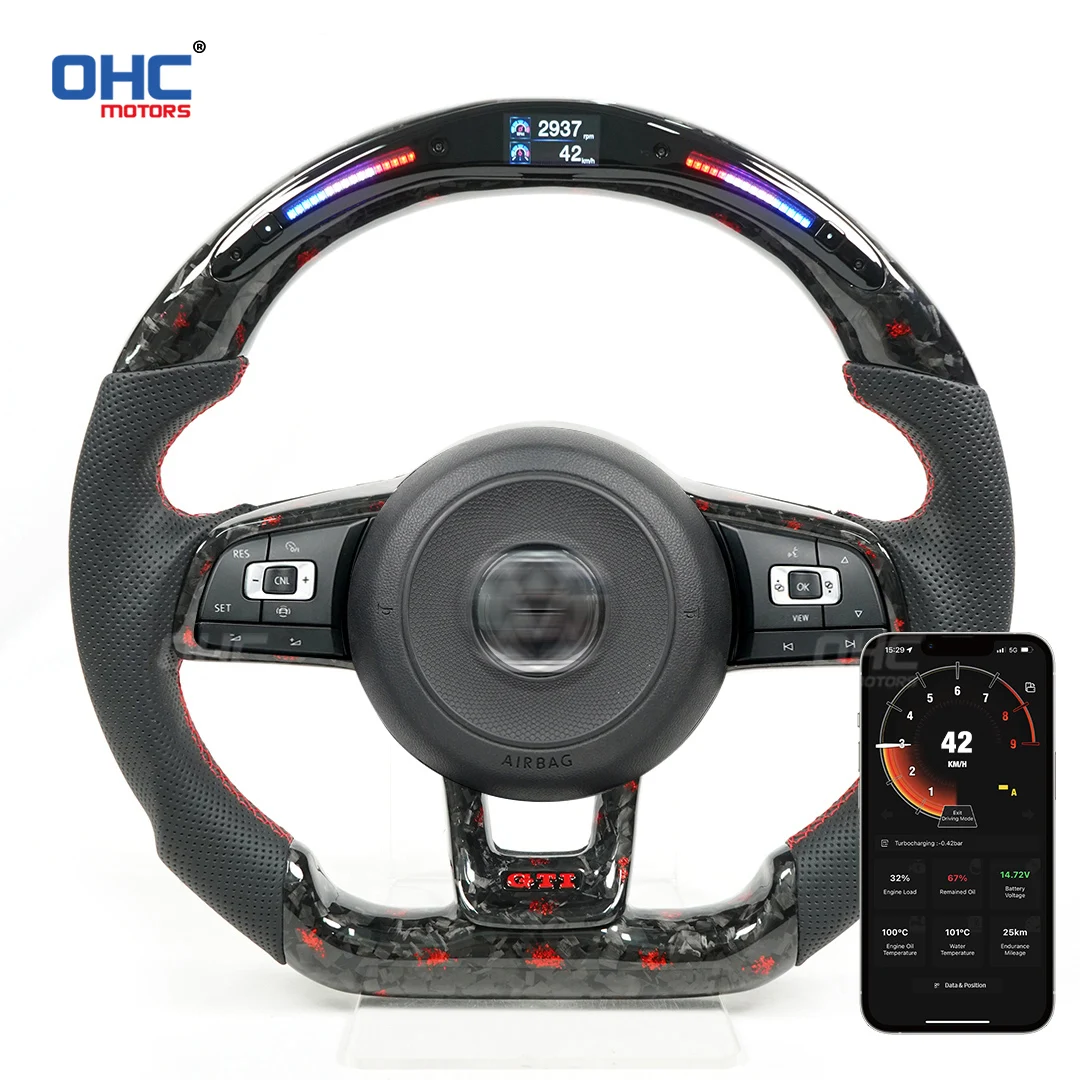 OHC Red Forged Carbon Fiber LED Steering Wheel Compatible for Volkswagen GOLF 7 MK7 GTI GTD GLI GT GTE R LINE scirocco TIGUAN