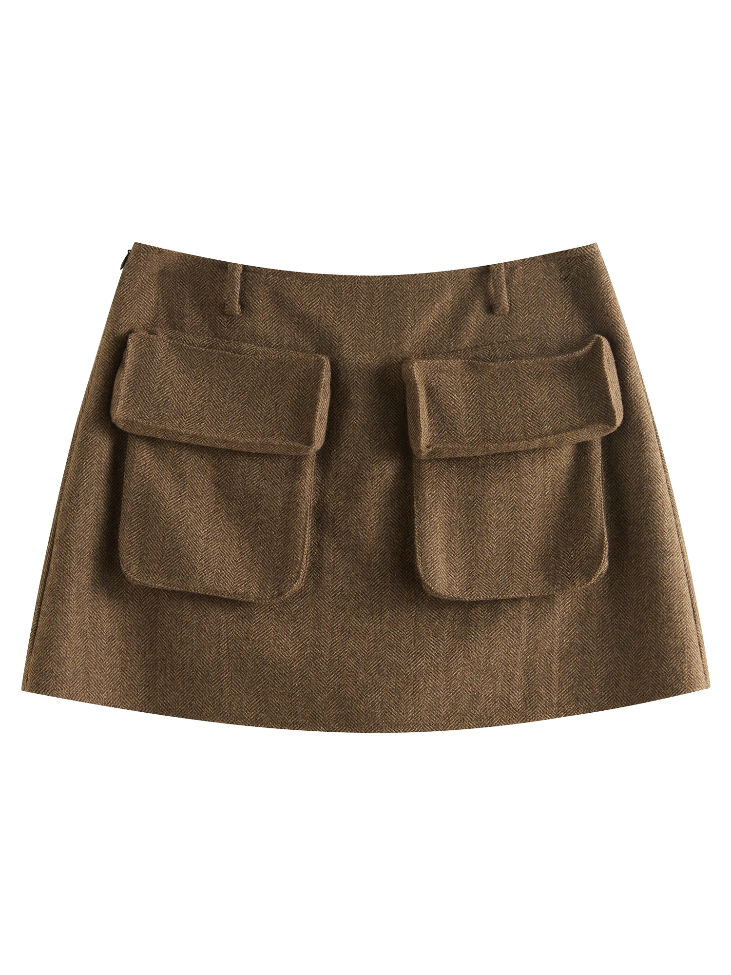 FSLE Women Winter Mini Skirts 56.8% Wool Blended Female Brown A-LINE Skirt Pocket Decoration Zipper Waist Skirt 24FS14623