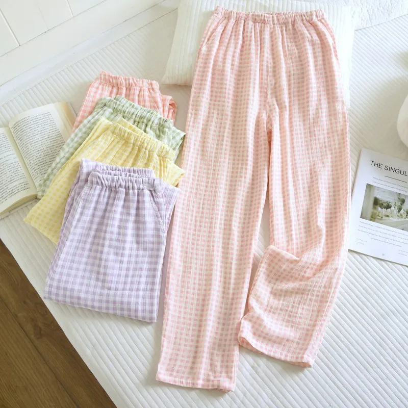 Spring Autumn Women 100% Cotton Sleep Pants Sweet Plaid Loungewear Pants with Pocket Women's Plus Size Home Pajama Pants