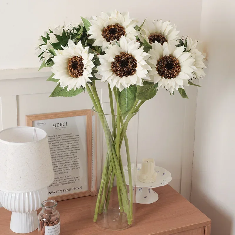 3pcs Real Touch Artificial Flowers Sunflowers Branches Wedding Decoration Cream Style Fake Flower Simulation White Sunflower