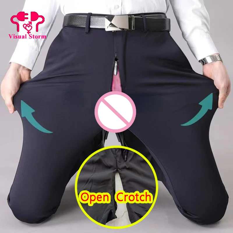 

Men Open Crotch Sexy Suit Pants Slim Hidden Zippers Casual Pencil Trouser Winter Thciken Thermal Panties Crotchless Clubwear