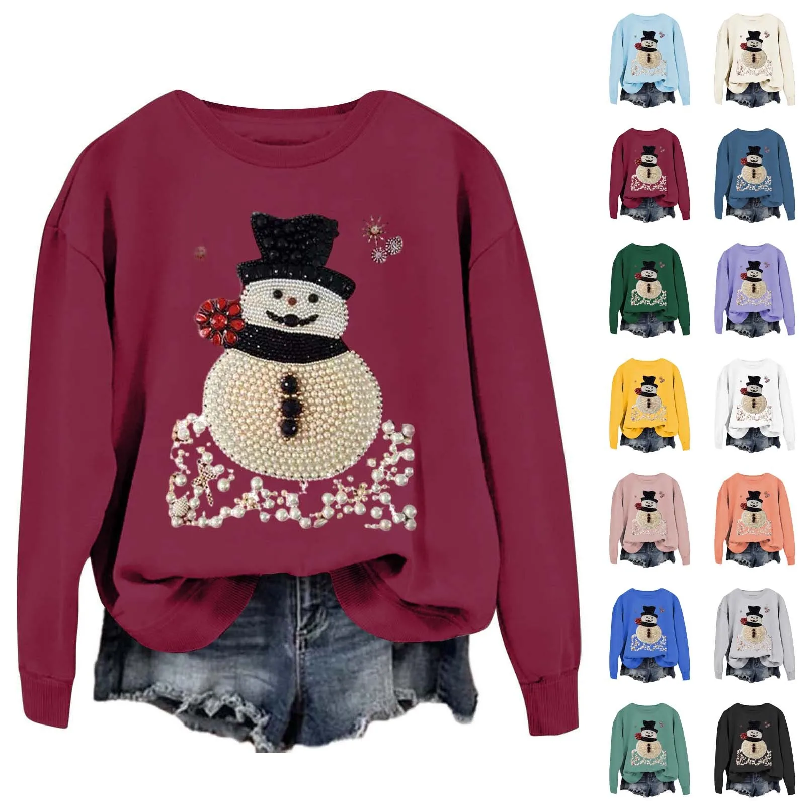 Women's Fashion Christmas Snowman Casual Long Sleeve Crew Neck Sweatshirt Juniors Fall Clothes Fleece Sweat Jacket Women