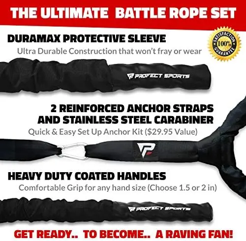 Battle Ropes with Anchor Strap Kit and Exercise Poster Upgraded Durable Protective Sleeve 100% Poly Dacron Heavy Battle Rope