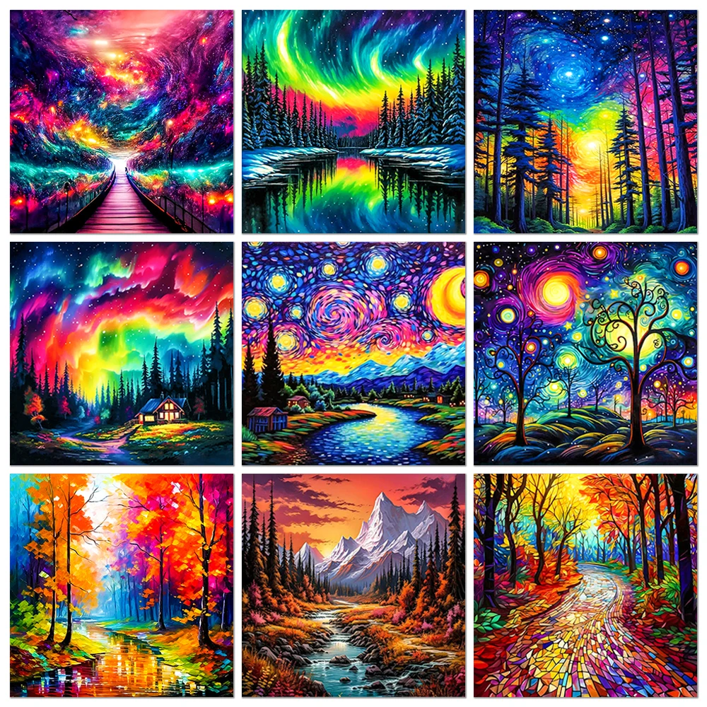 ファンタジースターリースカイアートダイヤモンド絵画風景クロスステッチセット、フルラウンドまたはスクエアダイヤモンドモザイク、家の装飾