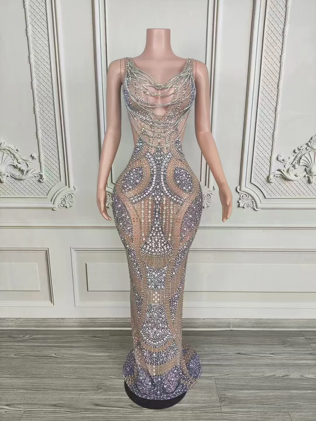 

Fashion Custom Women'S Clothing High QualityRhinestone Chain Tassel Sexy Naked Waist ElasticDress D273