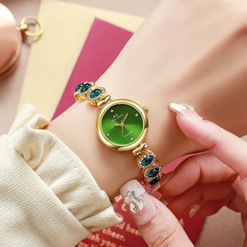 Brand Quartz Watches for Women Luxury Green Gemstone Bracelet Watch Small Dial Gift Female Wristwatch Relojes Para Mujer