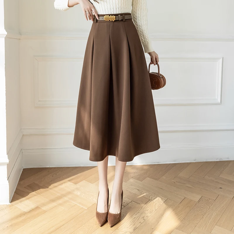 New 2024 Autumn Winter Woolen Skirt Women With Belt Korean Fashion High Waist Brown Or Black A Line Casual Pleated Skirts Womens