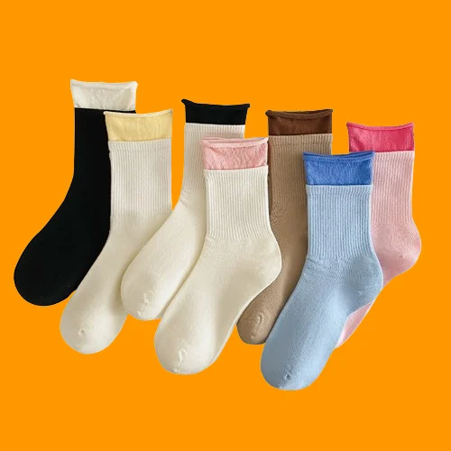 3/6 Pairs Double Cuff Socks Women's Fake Two-piece Middle-tube Socks 2024 New Japanese Color Matching Korean Trendy Socks