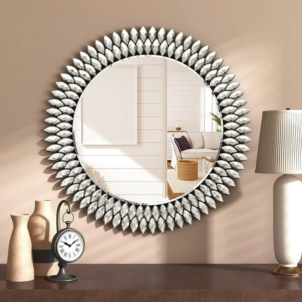 

Decorative Wall Mirror, Jeweled Wall Silver Crystal Mirror for Living Room, Circle Mirror Decorative Wall Art for Entryway