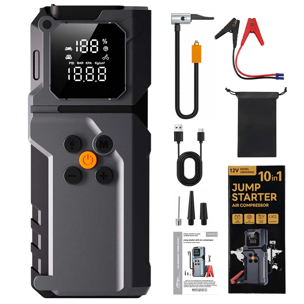 Portable 5000A Car Jump Starter Portable 150PSI Air Compressor Battery Booster 59.2Wh Power Bank Tire Inflator Starting Device
