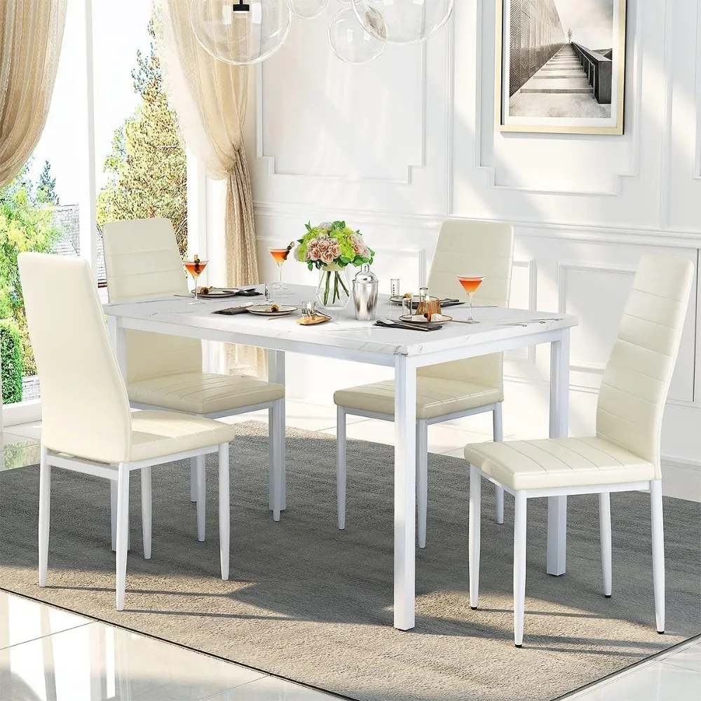 Dining Table Set for 4 Faux Marble Kitchen and Table Chairs Set of 4 Dining Room Table Set with 4 PU Leather
