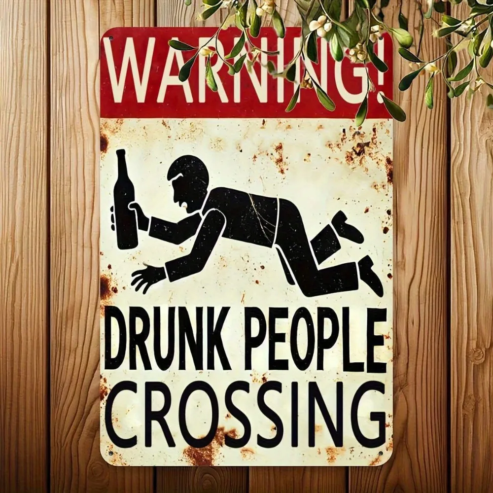 Tin Sign - Warning Drunk People Crossing Funny Beer Silhouette Vintage Durable Metal Plaque Wall Decor, Home Bar Pub Man Cave Wa