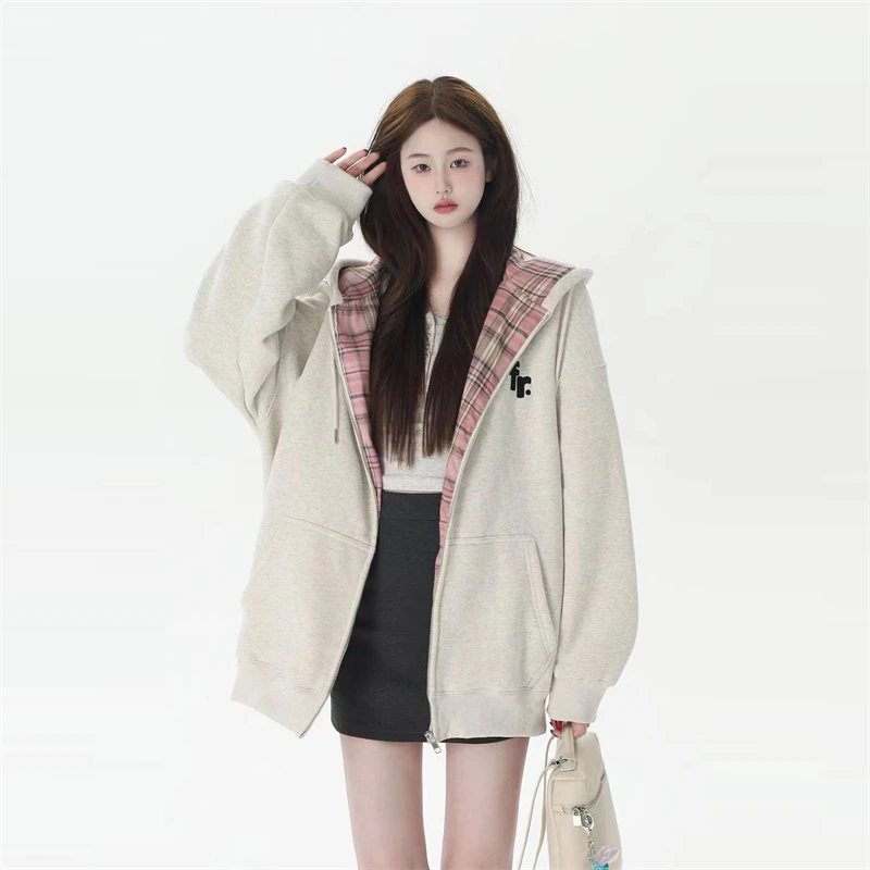 American Contrasting Checkered Zipper Women's Open Top Hooded Sweatshirt For Spring Loose Casual Commuting Jacket Thick Coat