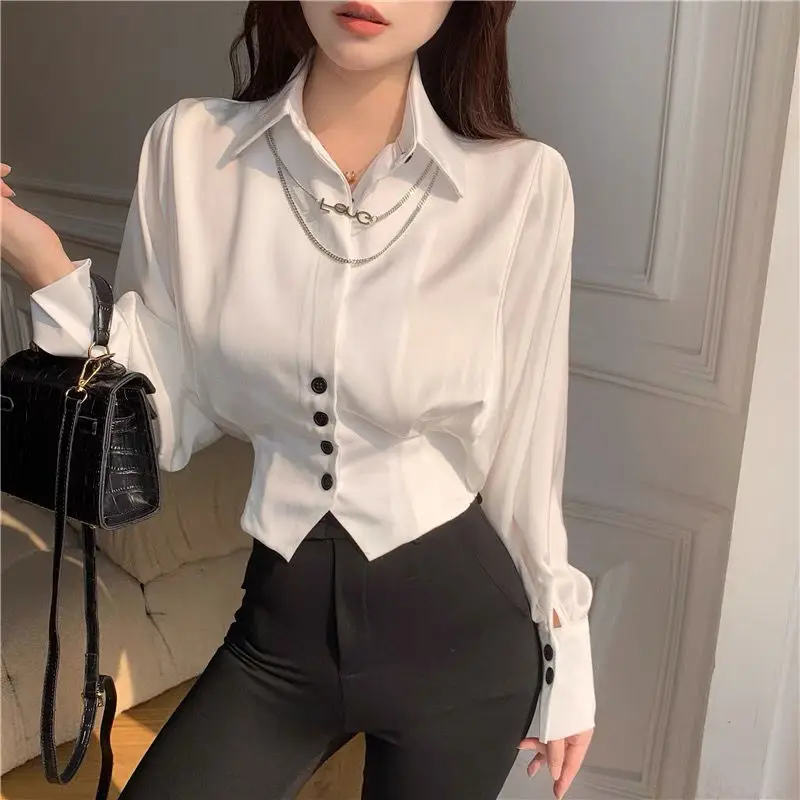 Vintage Thanh Lịch Nút Chắc Chắn Áo Sơ Mi Voan Mùa Xuân, Mùa Thu 2022 Mới Polo-Áo Cổ Cánh Dơi Tay Phồng Slim Áo Nữ bộ Quần Áo