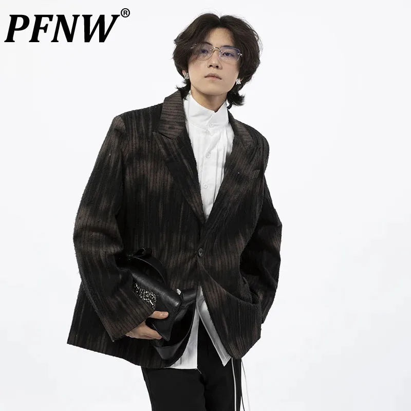 PFNW Korean Flocking Tie Dye Design Suit Jacket Men's Lapel Single Button Clothing New Trendy Male Tops 2024 Autumn 28W4820