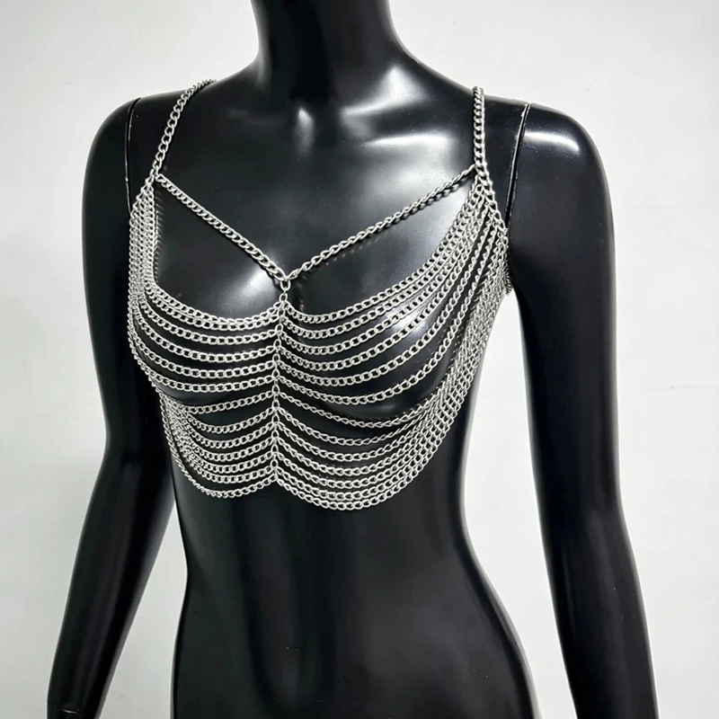 Damen Mehrlagige Ketten-BH-Körperkette Sexy Metall-Riemen Bustier Y2K Top Handgefertigt Nachtclub Party Festival Roupas+Feminina 2026 – Detail 6