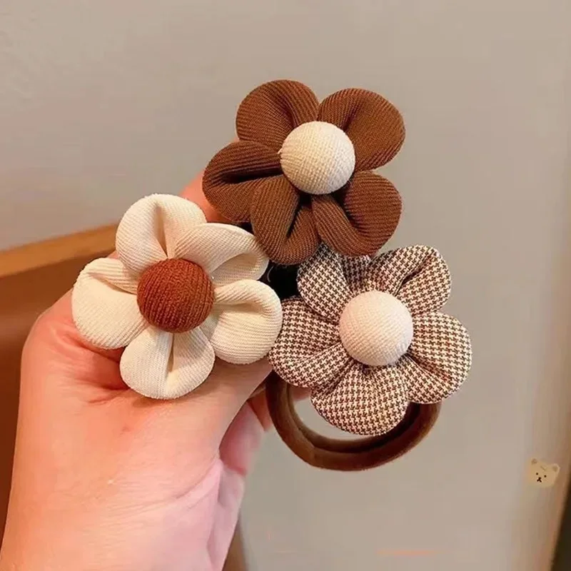 4Pcs/Set Cute Warm Color Flower Bow Elastic Hair Bands For Girls Ponytail Holder Hair Tie Scrunchie Kids Lovely Hair Accessories