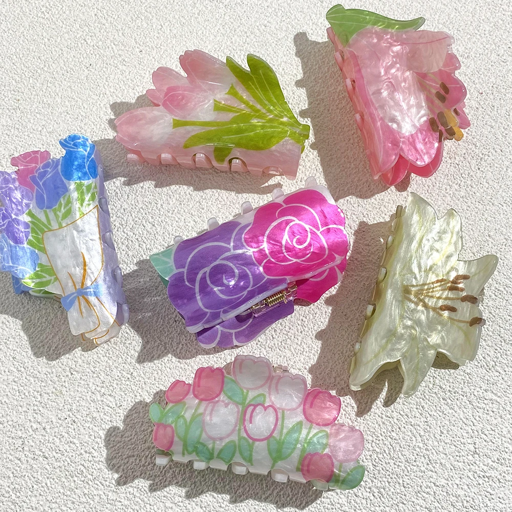 Sweet Acrylic Double Sided Flower Printed Hair Claw Clip For Women Oversize Geometric Shark Hairpin Headwear Hair Accessories