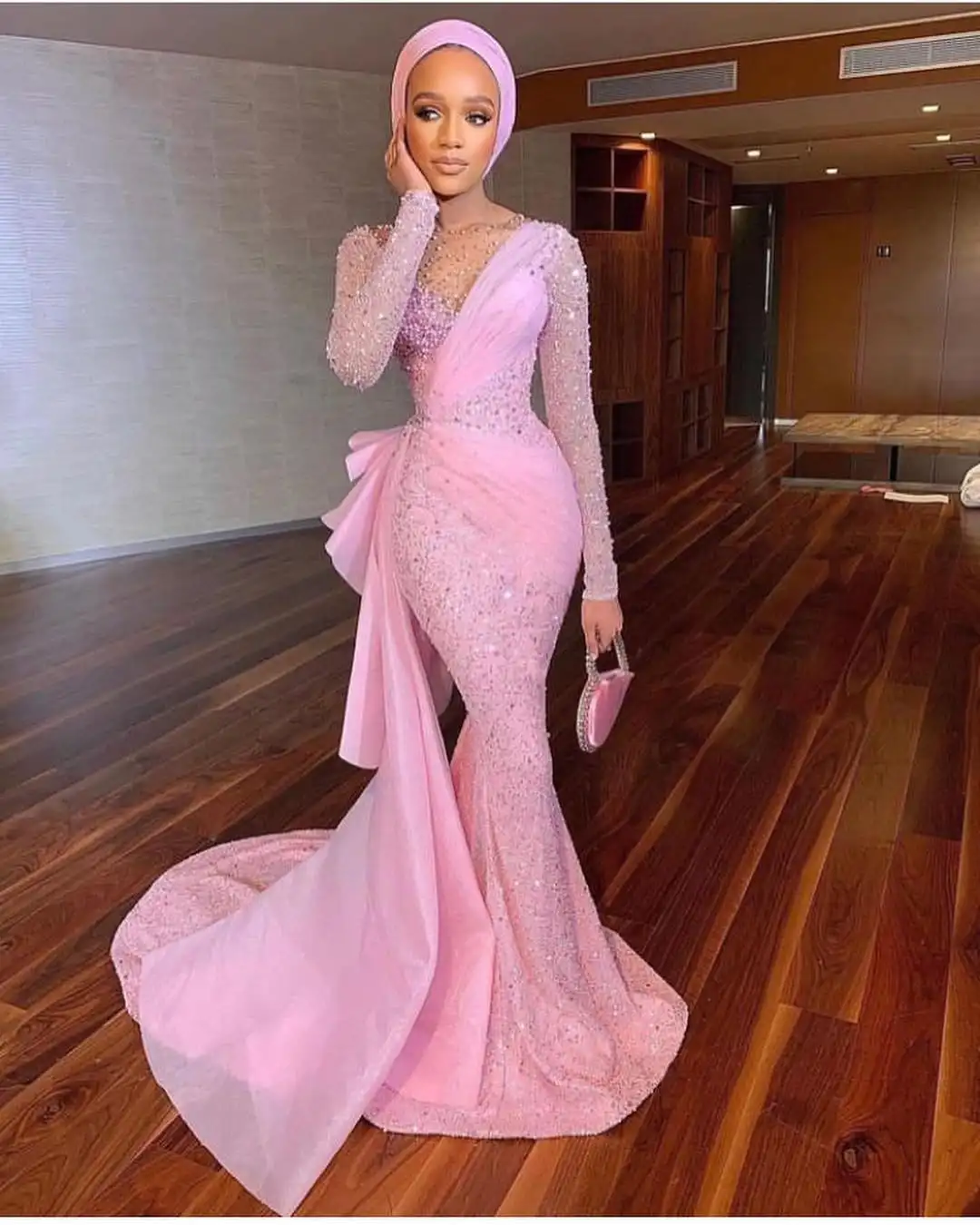 Plus Size Vows Customized Sexy Women's Evening Dresses Pink Pearls Sequins Trumpet Prom Dress Floor Length Panel Party Gowns