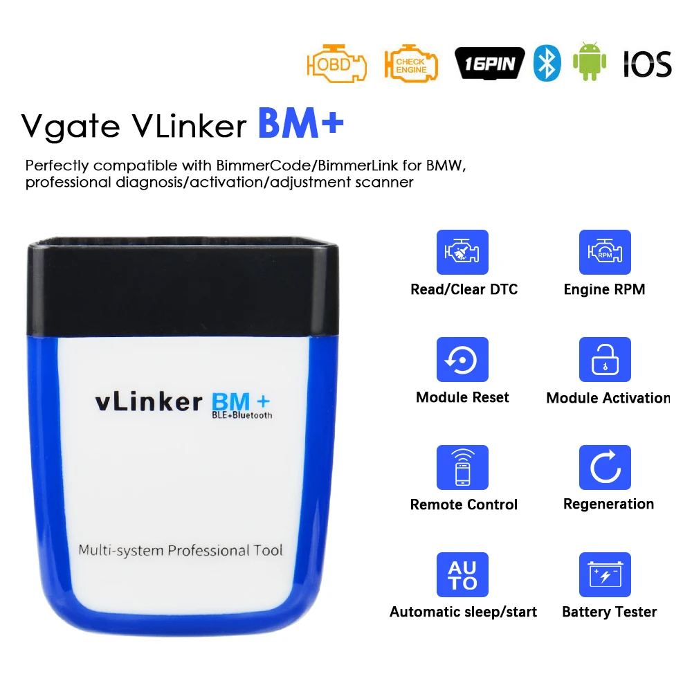 

Vgate vLinker BM+ ELM327 For BMW Scanner Bluetooth 4.0 OBD2 Car Diagnostic Auto Scan Tool Bimmercode ELM 327 For IOS/Android