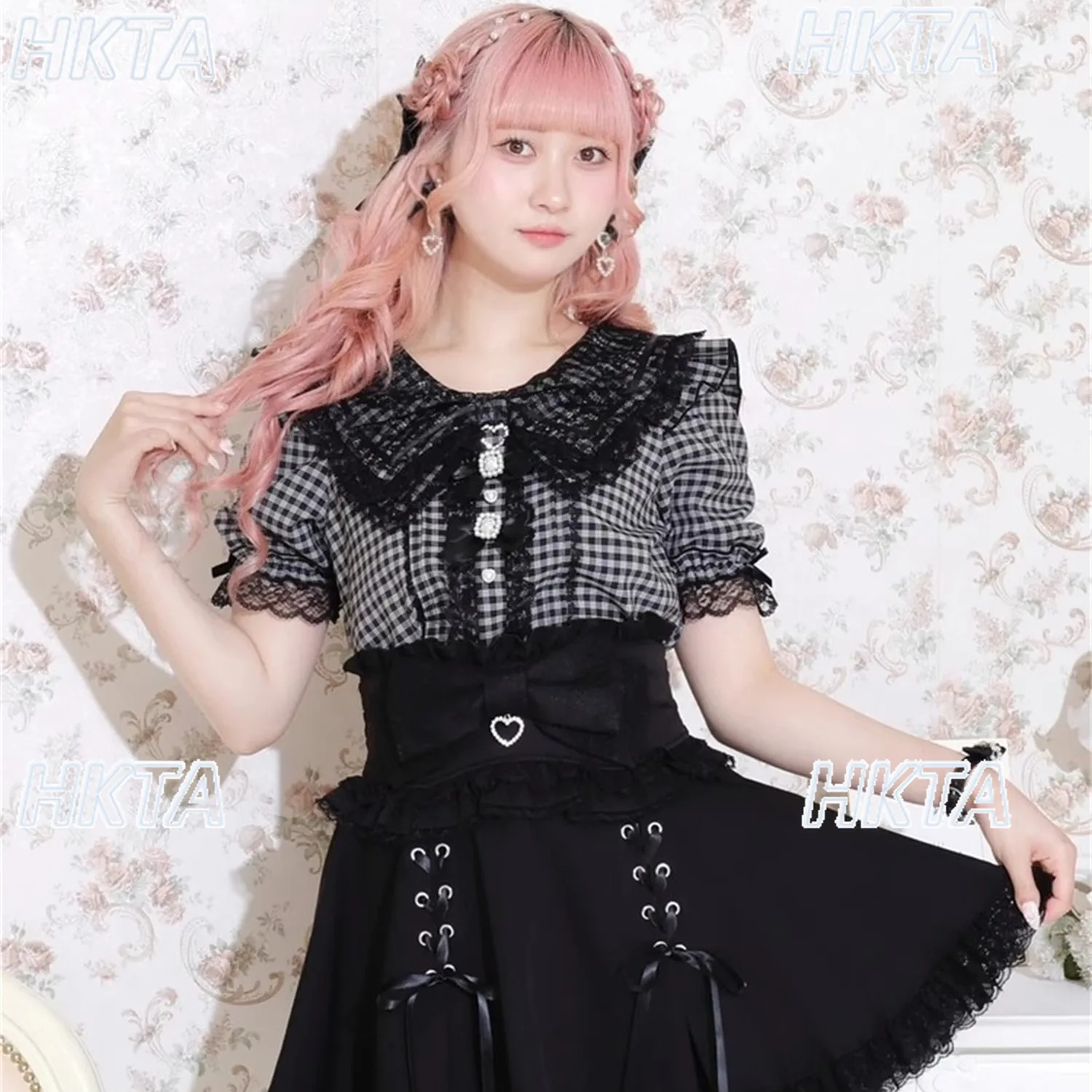 Japanese Summer Sweet Cute Doll Collar Bow Lace Bubble Short Sleeve Shirt Rhinestone Pleated Plaid Black Plaid Blouse Top Women